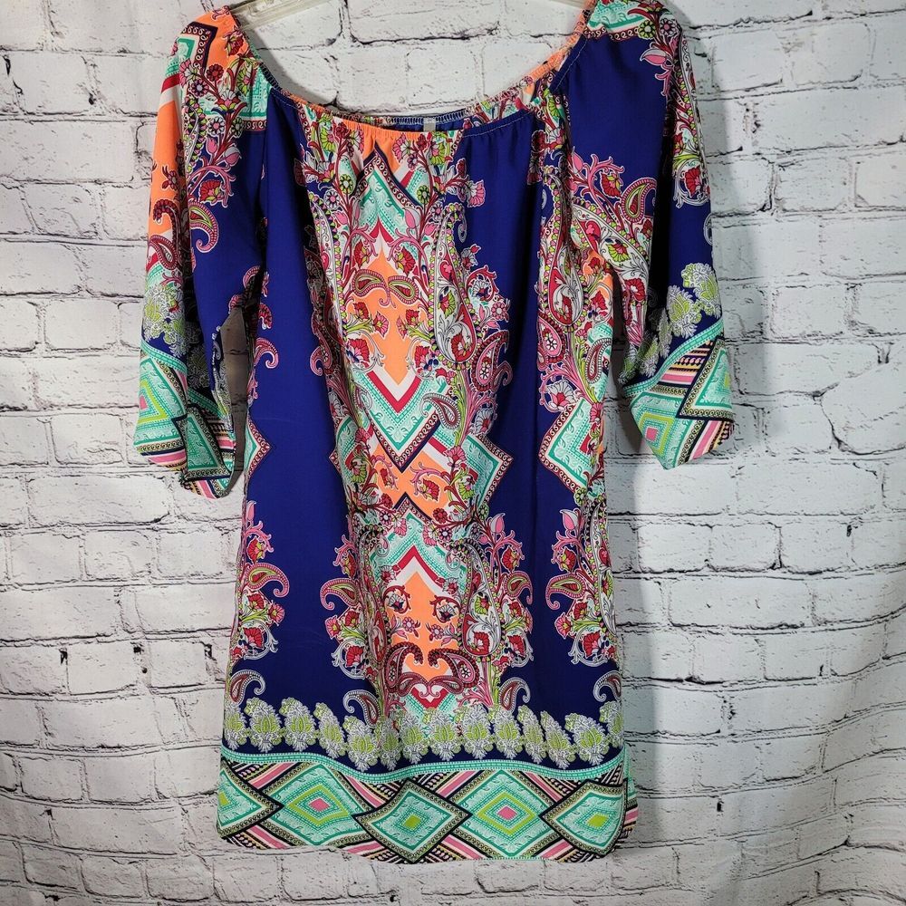 Flamingo Paisley Tunic Top Womens Small Blue Orange Excellent Boho Off Shoulder